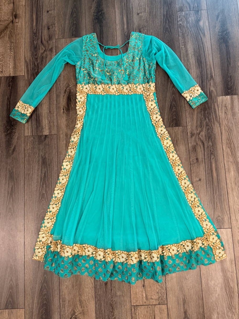 Turquoise Gold Anarkali Maxi Dress Indian Wedding Guest Bollywood Gown Medium - Picture 8 of 16